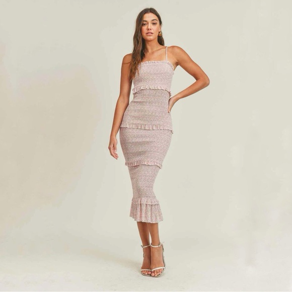 Mabel Dresses & Skirts - Mabel Daphne Ditsy Flower Ruffe Trim Smocked‎ Midi Long Tube Dress Pink Large